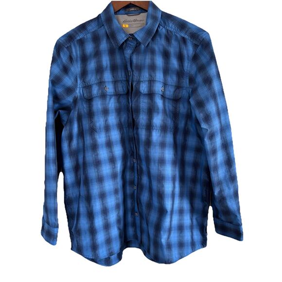 Eddie Bauer Women’s Blue Plaid Travex Roll Tab Sleeve Vented Shirt Size Large - Picture 2 of 16